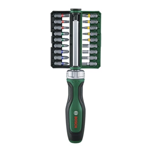 Bosch Bit-Ratschenschraubendreher Set, 19-tlg. (Ratschenschraubendreher mit hohem Drehmoment bis 36 Nm; Getriebe mit 36 Zähnen; magnetischer Bithalter; 18x Bits S2-Stahl; Softgrip; Aufbewahrungsclip) von Bosch