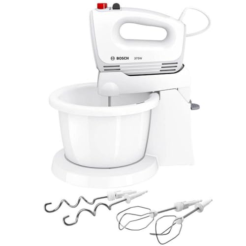 Bosch Hausgeräte MFQ2600W CleverMixx Handrührer, 375 Watt, Schüssel mit Geräteständer, 4 Stufen, weiß/rot von Bosch