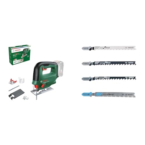 Bosch Home and Garden Cordless Jigsaw UniversalSaw 18V-100 (Without Battery, 18 Volt System, in Carton Packaging) + "Tough Box" Jigsaw Blade-Set with Single Lug Shank, Set of 40 Piece von Bosch