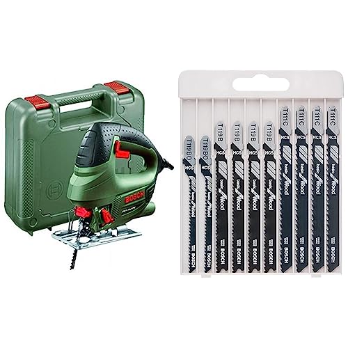 Bosch Home and Garden Stichsäge, grün, 0.603.3A0.500 600 wattsW, 240 voltsV, 530 W, 75 mm profundidad de corte + 10tlg. Stichsägeblatt Set Basic for Wood (für Holz, Zubehör Stichsäge) Schwarz von Bosch