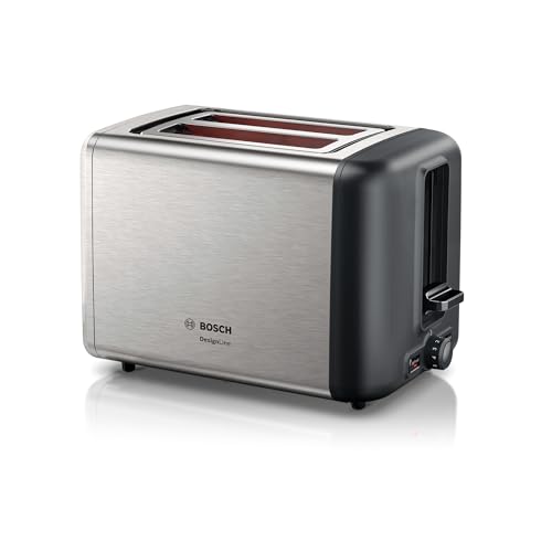 Bosch Kompakt Toaster DesignLine TAT3P420DE, integrierter Edelstahl-Brötchenaufsatz, mit Abschaltautomatik, mit Auftaufunktion, perfekt für 2 Scheiben Toast, Liftfunktion, 970 W, Edelstahl/schwarz von Bosch