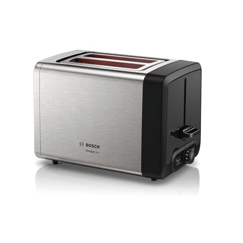 Bosch Kompakt Toaster DesignLine TAT4P420DE, integrierter Edelstahl-Brötchenaufsatz, mit Abschaltautomatik, mit Auftaufunktion, perfekt für 2 Scheiben Toast, Liftfunktion, 970 W, Edelstahl/schwarz von Bosch