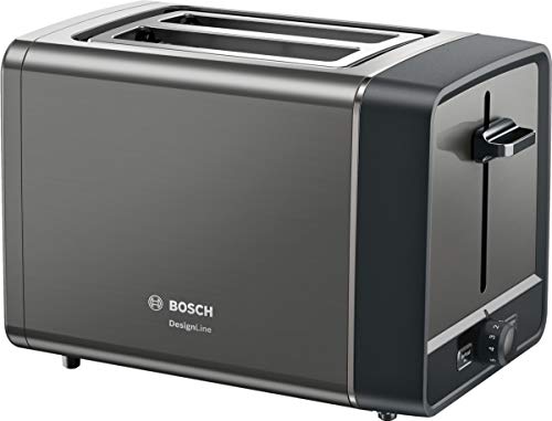 Bosch Kompakt Toaster DesignLine TAT5P425DE, integrierter Edelstahl-Brötchenaufsatz, mit Abschaltautomatik, mit Auftaufunktion, perfekt für 2 Scheiben Toast, Liftfunktion, breit, 970 W, grau von Bosch