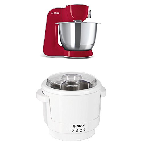 Bosch MUM58720 Küchenmaschine CreationLine, 1000 W, 3,9 l Edelstahl-Rührschüssel, 3D Rührsystem, 7 Schaltstufen, dunkle rot/silber + MUZ5EB2 Eisbereiter Küchenmaschinenzubehör von Bosch