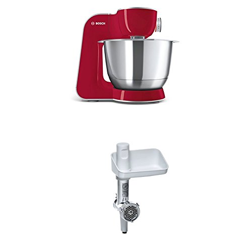 Bosch MUM58720 Küchenmaschine CreationLine, 1000 W, 3,9 l Edelstahl-Rührschüssel, 3D Rührsystem, 7 Schaltstufen, dunkle rot/silber + MUZ5FW1 Fleischwolf weiß/aludruckguss von Bosch