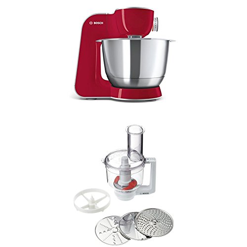 Bosch MUM58720 Küchenmaschine CreationLine, 1000 W, 3,9 l Edelstahl-Rührschüssel, 3D Rührsystem, 7 Schaltstufen, dunkle rot/silber + MUZ5MM1 Multimixer von Bosch