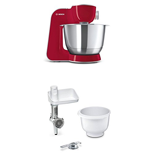 Bosch MUM58720 Küchenmaschine CreationLine, dunkle rot/silber + MUZ5BS1 Lifestyle Set BakingSensation mit Spritzgebäckvorsatz, Rührschüssel, Fleischwolf von Bosch