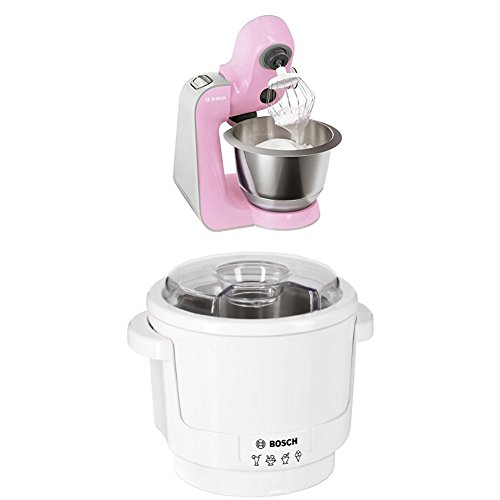 Bosch MUM58K20 CreationLine Küchenmaschine (1000 Watt, 3, 9 Liter, edelstahl-Rührschüssel, Durchlaufschnitzler, Mixer-Aufsatz) pink + MUZ5EB2 Eisbereiter Küchenmaschinenzubehör von Bosch