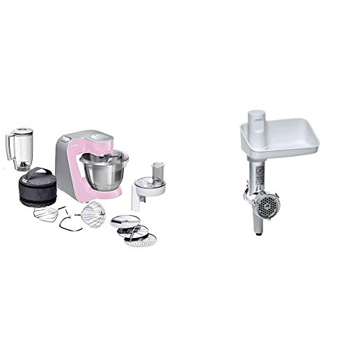 Bosch MUM58K20 CreationLine Küchenmaschine (1000 Watt, 3, 9 Liter, edelstahl-Rührschüssel, Durchlaufschnitzler, Mixer-Aufsatz) pink + MUZ5FW1 Fleischwolf von Bosch