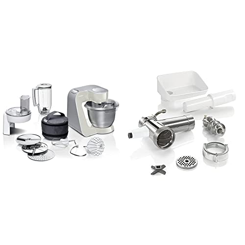 Bosch MUM58L20 CreationLine Küchenmaschine (1000 Watt, 3,9 Liter, edelstahl-Rührschüssel, Durchlaufschnitzler, Mixer-Aufsatz) silber + MUZ5FW1 Fleischwolf von Bosch