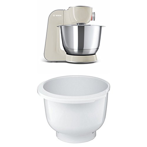 Bosch MUM58L20 CreationLine Küchenmaschine (1000 Watt, 3,9 Liter, edelstahl-Rührschüssel, Durchlaufschnitzler, Mixer-Aufsatz) silber + MUZ5KR1 Kunststoff-Rührschüssel für Küchenmaschine Mum5 von Bosch