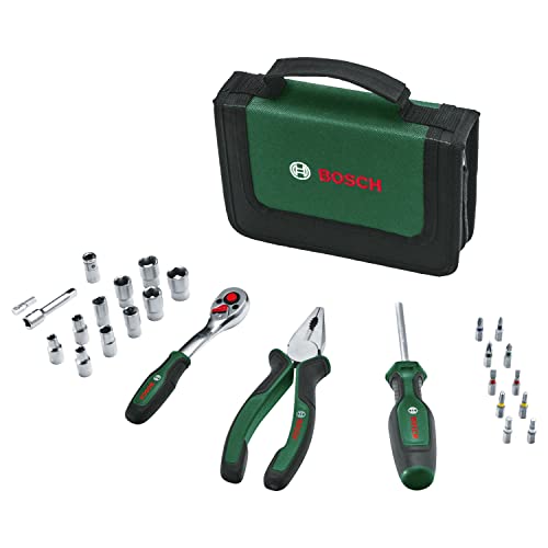 Bosch Mobility-Handwerkzeug-Set, 26-teilig (kompaktes und mobiles Werkzeug-Set für Heimwerkerarbeiten und unterwegs; 1/4"-Ratsche; Kombizange; Universalschraubendreher; in Stofftasche) von Bosch Home and Garden