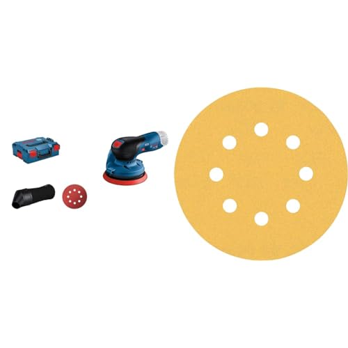 Bosch Professional Exzenterschleifer GEX 12V-125 (1x Schleifpapier, ohne Akkus Ladegerät, in L-BOXX 136) +50x Schleifpapier Expert C470 mit 8 Löchern (für Hartholz, Farbe auf Holz, Ø 125 mm, K 120) von Bosch