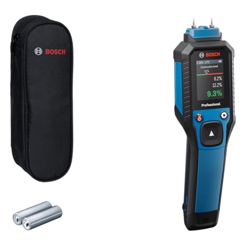 Bosch Professional Pin-Feuchtemessgerät GMP 2-15 (misst 37 Holzarten und 10 Baustoffe, integriertes Thermo-Hygrometer, IP 65, 2x AA Batterie, Tasche) von Bosch