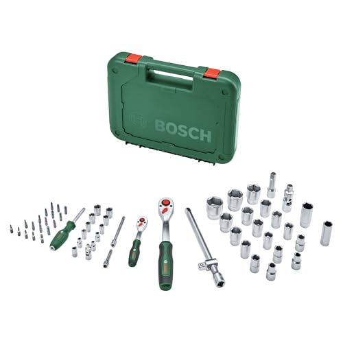 Bosch Ratschen Set 1/4" + 1/2", 57-teilig (Zwei robuste Ratschen; 55 Zubehöre; Hohes Drehmoment; Verriegelungsknopf; Intuitiver Richtungswechsel; Gebogener Hals; Ergonomischer Softgrip; Tragekoffer) von Bosch