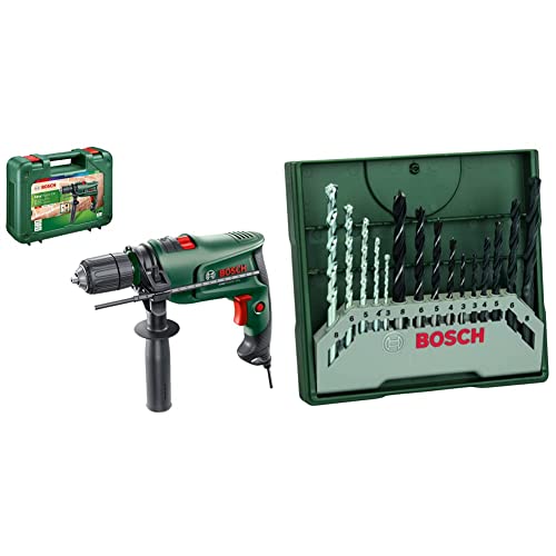 Bosch Schlagbohrmaschine EasyImpact 600 (600 Watt, im Koffer) & 15tlg. Mini-X-Line Spiralbohrer Mixed-Set (Holz, Stein und Metall, Zubehör Bohrmaschine) von Bosch