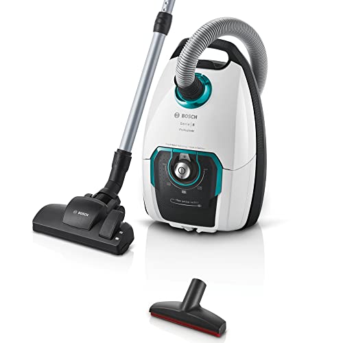 Bosch Staubsauger mit Beutel Serie 8 BGL8XHYG, Bodenstaubsauger, ideal für Allergiker, Hygiene-Filter, 10 Jahre Motorgarantie, XXL-Polsterdüse, 15 Meter langes Kabel, hohe Saugleistung, 650 W, weiß von Bosch Hausgeräte