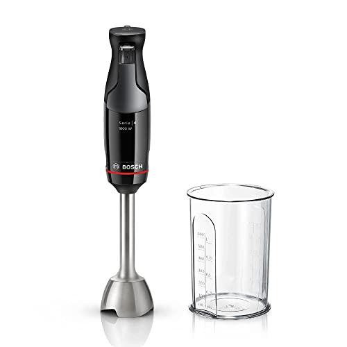 Bosch Stabmixer ErgoMaster Serie 4 MSM4B610, einhändig bedienbar, Edelstahl-Klingen, verschleißfreie Keramik-Kupplung, Mixbecher, QuattroBlade, AntiSplash Funktion, Einschaltsperre, 1000 W, schwarz von Bosch Hausgeräte