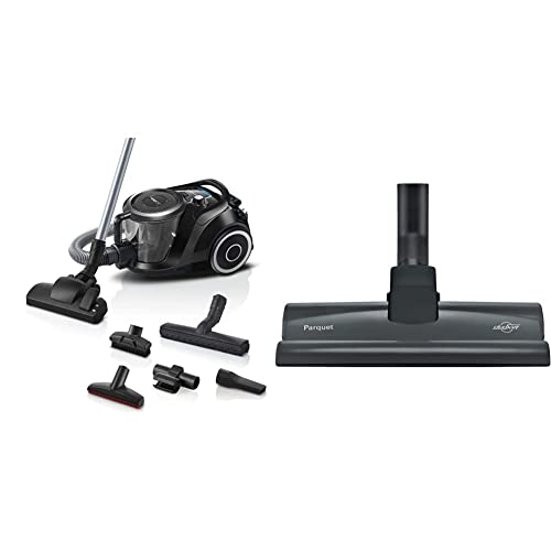 Bosch Staubsauger beutellos Serie 6 BGC41XSIL, Bodenstaubsauger, Hygiene-Filter, extra leise (68 dB), langes Kabel, 700 W, schwarz & Bosch Hartbodendüse für Staubsauger, BBZ124HD, schwarz von Bosch