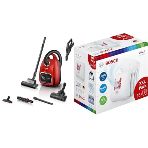 Bosch Staubsauger mit Beutel ProAnimal Serie 6 BGL6TPET, Bodenstaubsauger, 700 W, rot & 16x Staubsaugerbeutel Typ G All BBZ16GALL, 99,9% Feinstaubfilterung, 50% längere Nutzungsdauer von Bosch Hausgeräte