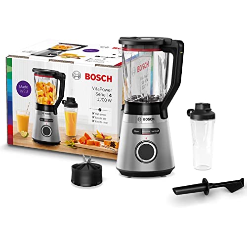 Bosch Standmixer VitaPower Serie 4 MMB6384M, Edelstahl-Klingen, 1,5l ThermoSafe Glasbehälter, Stopfer, bruchsichere ToGo-Flasche mit Messer, spülmaschinengeeignete Teile, 30,000 U/min, 1200 W, silber von Bosch