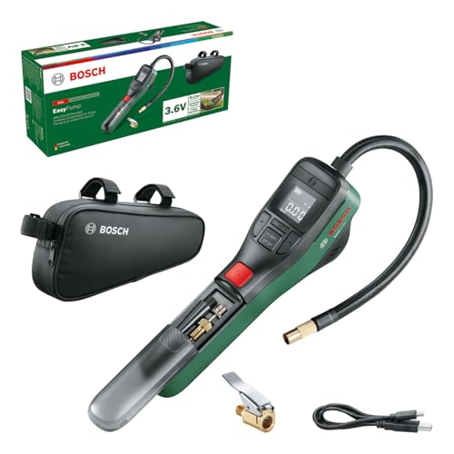 Bosch elektrische Fahrradpumpe/Luftpumpe/Mini Kompressor EasyPump (3,0 Ah Akku; 3,6 Volt; Autostop-Funktion; 150 PSI; 10,3 bar; LED; USB-C®; 3x Adapter; Schnellanschlussstecker; Fahrradtasche) von Bosch Home and Garden