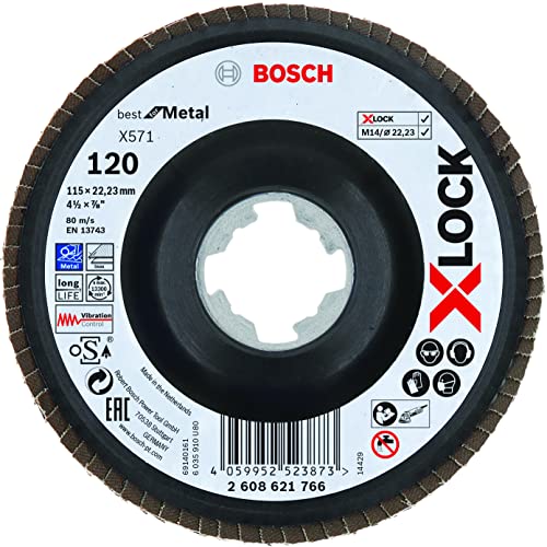 Bosch Professional 1x Fächerschleifscheibe X571 Best for Metal X-LOCK (für Metall, Ø 115 mm, P 120, gewinkelte Ausführung, Zubehör Winkelschleifer) von Bosch Accessories
