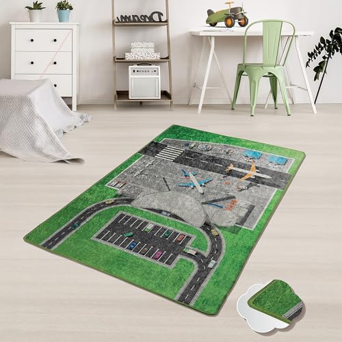 Bosdela Kinderteppich - und Babyteppiche – Vielfältige Designvariationen, waschbar, rutschfest, weich, ideal für Kinderzimmer & Spielzimmer 100x160 cm Flughafen Motiv von Bosdela