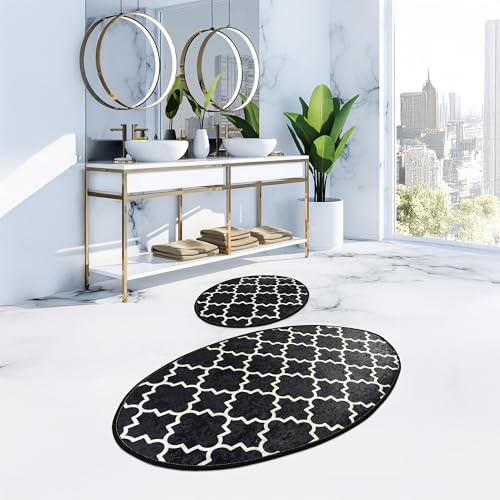 Bosdela Wood Ovales 2-Teiliges Badezimmerteppich-Set, Rutschfester WC-Vorleger & Badezimmerteppich, Wasserabsorbierend, Anti-Rutsch, 60x100 cm Mug Oval Design von Bosdela
