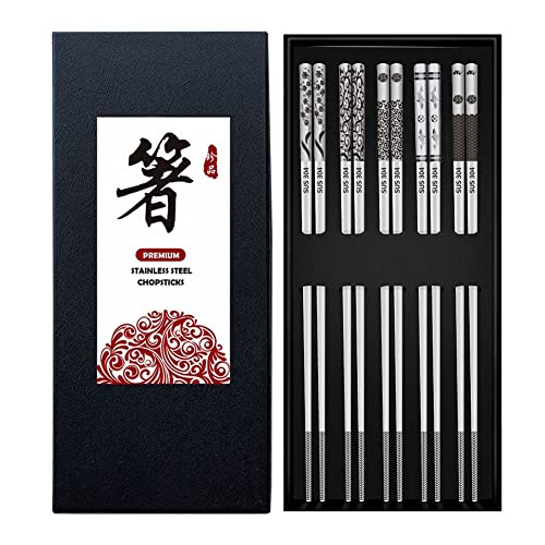 Bosdontek 5 Paar Edelstahl Essstäbchen Gravur Muster Chopsticks Wiederverwendbare EssStäbchen Japanische Metall Essstäbchen Stäbchen Set Waschbar FüR GeschirrspüLer (A Muster) von Bosdontek