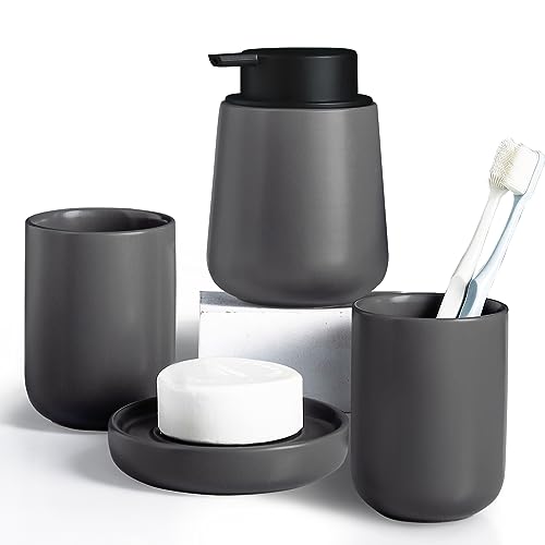 Autumnlife Keramik Badezimmer Zubehör Set, 4-teiliges Seifenspender Set, Stilvolles Badezimmer Set inklusive Seifenspender und Seifenschale, 2 Zahnputzbecher für Zuhause und Bad, Grau von Autumnlife