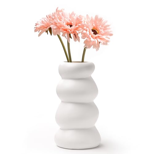 Bosilunlife Keramik Vase Weiß für Pampasgras, Handgemachte Blumenvase Modern, Trockenblumen Vasen für Wohnzimmer Regal, Boho Vase klein Skandinavische Deko für Tischdeko Zuhause von BosilunLife