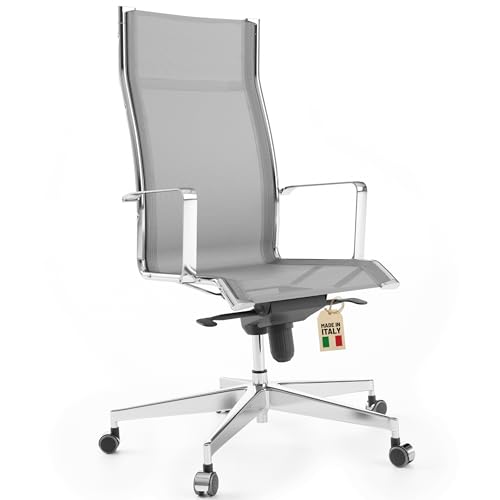 Bossberg Ergonomischer Bürostuhl, Design Klassiker Schreibtischstuhl mit Lordosenstütze und Gestell in Chrom, Drehstuhl Höhenverstellbar bis 130 kg, Design aus Italien - Verchromt Grau von Bossberg