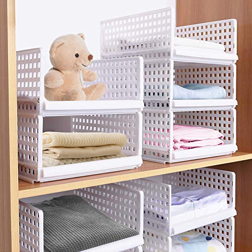 Stapelbare Aufbewahrungsboxen/Organizer für Kleiderschrank aus Kunststoff, Weiß, ausziehbar wie eine Schublade, geeignet für Zuhause, Schlafzimmer, Küche, 4er-Set von Bossjoy