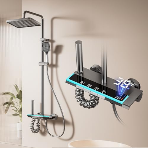 Bostar Duschsystem mit Armatur, Regendusche Duscharmatur Komplettset mit Eckig Duschkopf Handbrause 70-103 cm Höhenverstellbar Space Aluminium Material, Grau Titan von Bostar