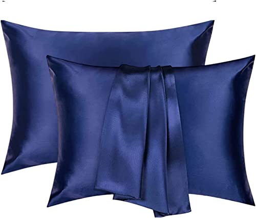 Satin Kissenbezug für Haar und Haut, 100% Seidig Luxus Satin Kissenhülle , 2 Stück Kopfkissenbezug Weich und Atmungsaktiv 40 x 80 cm Kissenbezüge (Marineblau) von Bosweety