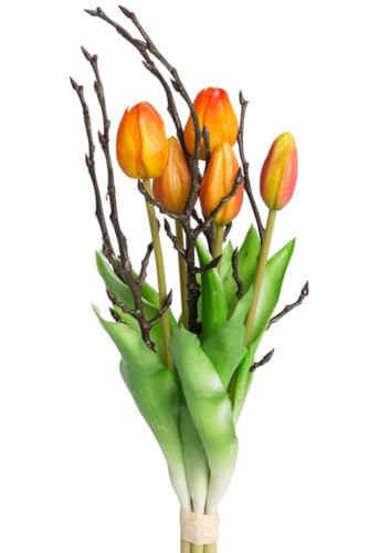 Botanic-Haus künstliches Tulpenbündel mit Zweigen bestehend aus 2 Tulpen und 3 Tulpenknospen, Farbe: orange-gelb real Touch von Botanic-Haus