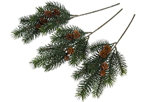 künstlicher Tannenzweig / Weihnachtszweig (Spritzguss) mit kleinen Zapfen (3 Stück) von Botanic-Haus