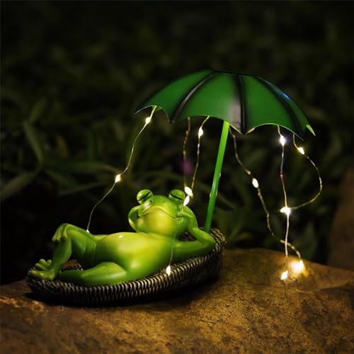 Frösche Gartenstatuen | Solar Lazy Frog Regenschirm-Ornamente | Wasserdichte LED-Harz-Skulpturenlichter | Feengarten-Deko-Statue für Hof, Rasen, Terrasse, Bäume, Blumenbeete, Zäune, Gehwege, Balkone von Botiniv