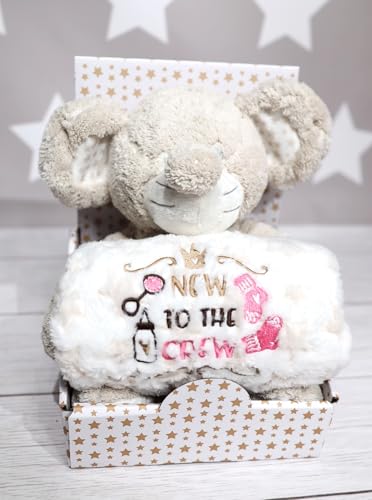 BotoBaby Kuscheltier + Decke mit Stickerei Geburt oder Taufe | Schneller Versand Hello Baby (Beige Maus + Decke Sternen, New to The Crew - Pink) von BotoBaby