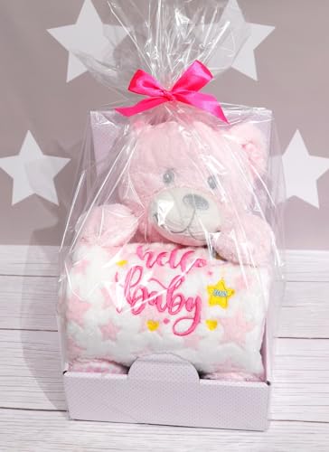 BotoBaby Kuscheltier + Decke mit Stickerei Geburt oder Taufe | Schneller Versand Hello Baby (Rosa Teddybär + Decke Sternen, Hello Baby - Pink - 2025) von BotoBaby