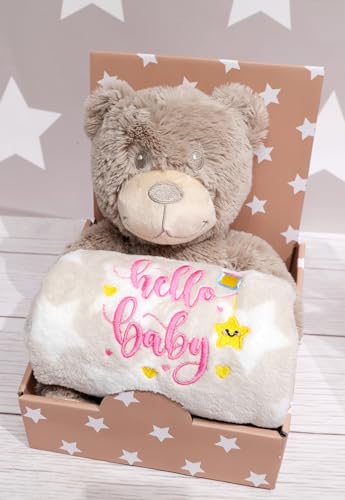 BotoBaby Kuscheltier + Decke mit Stickerei Geburt oder Taufe | Schneller Versand Hello Baby (Teddybär + Decke Sternen, Hello Baby - Pink - 2025) von BotoBaby