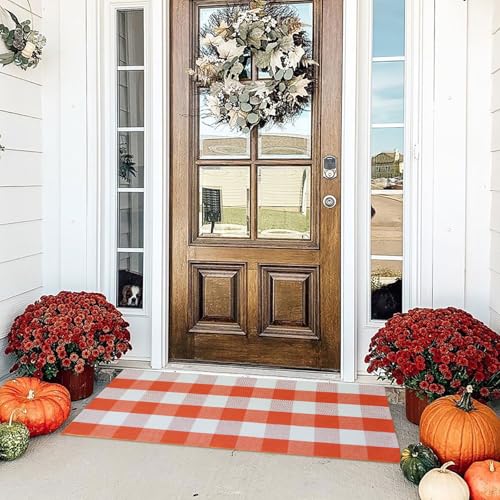 Buffalo Plaid Outdoor-Teppich, 60 x 120 cm, Orange und Weiß kariert, für Innen- und Außenbereich, waschbar, Baumwolle, gewebt, Bauernhaus-Matte für Herbst, Veranda, Dekoration Buffalo Plaid Outdoor-Teppich, 60 x 120 cm, Orange und Weiß kariert, für Innen- und Außenbereich, waschbar, Baumwolle, gewebt, Bauernhaus-Matte für Herbst, Veranda, Dekoration von Bottalive
