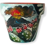 Handbemalte Terrakotta-Vase Mit Sizilien-Zeichnungen, Vulkan Ätna Und Kaktusfeigen. Glänzendes Finish von BottegadeiPincisanti