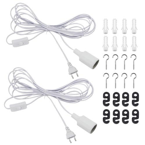 BouGPeng 2 Stück E27 Lampenfassung mit kabel 6M und Schalter AC 250V 4A(max.60W) E27 Lampe Fassung mit EU Stecker und Haken Schrauben zum einfachen Aufhängen Steckdosenadapter Weiß von BouGPeng