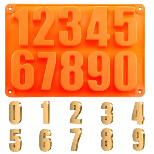 BouGPeng Zahlen Silikonformen 0-9 Zahlen Backform Gießformen 3D-Zahlenform Silikonform 22x15x2cm Kuchen Backformen Schokoladenform für Schokolade Süßigkeiten Fondant(Orange) von BouGPeng