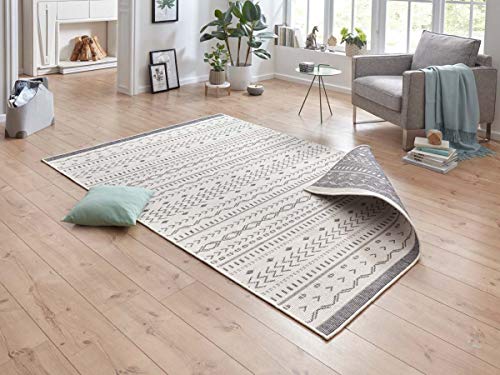 NORTHRUGS In- und Outdoor Teppich Kuba 80x150cm - Wendeteppich Wetterfest Boho Design Ethno Muster Läufer für Balkon Terrasse Garten Wintergarten Wohnzimmerteppich Wasserfest in Grau Creme von NORTHRUGS