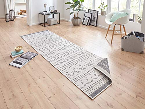 NORTHRUGS In- und Outdoor Teppich Kuba 80x250cm - Wendeteppich Wetterfest Boho Design Ethno Muster Läufer für Balkon Terrasse Garten Wintergarten Wohnzimmerteppich Wasserfest in Grau Creme von NORTHRUGS