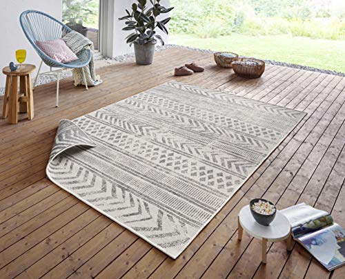 NORTHRUGS In- und Outdoor Teppich Biri 160x230cm - Wendeteppich Wetterfest Boho Style Vintage Design Läufer für Balkon Terrasse Garten Wintergarten Wohnzimmerteppich Wasserfest in Grau Creme von NORTHRUGS