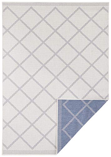 NORTHRUGS In- und Outdoor Teppich Corsica 80x350cm - Wendeteppich Wetterfest Modern Geometrisches Muster Läufer für Balkon Terrasse Garten Wintergarten Wohnzimmerteppich Wasserfest in Blau Creme von NORTHRUGS